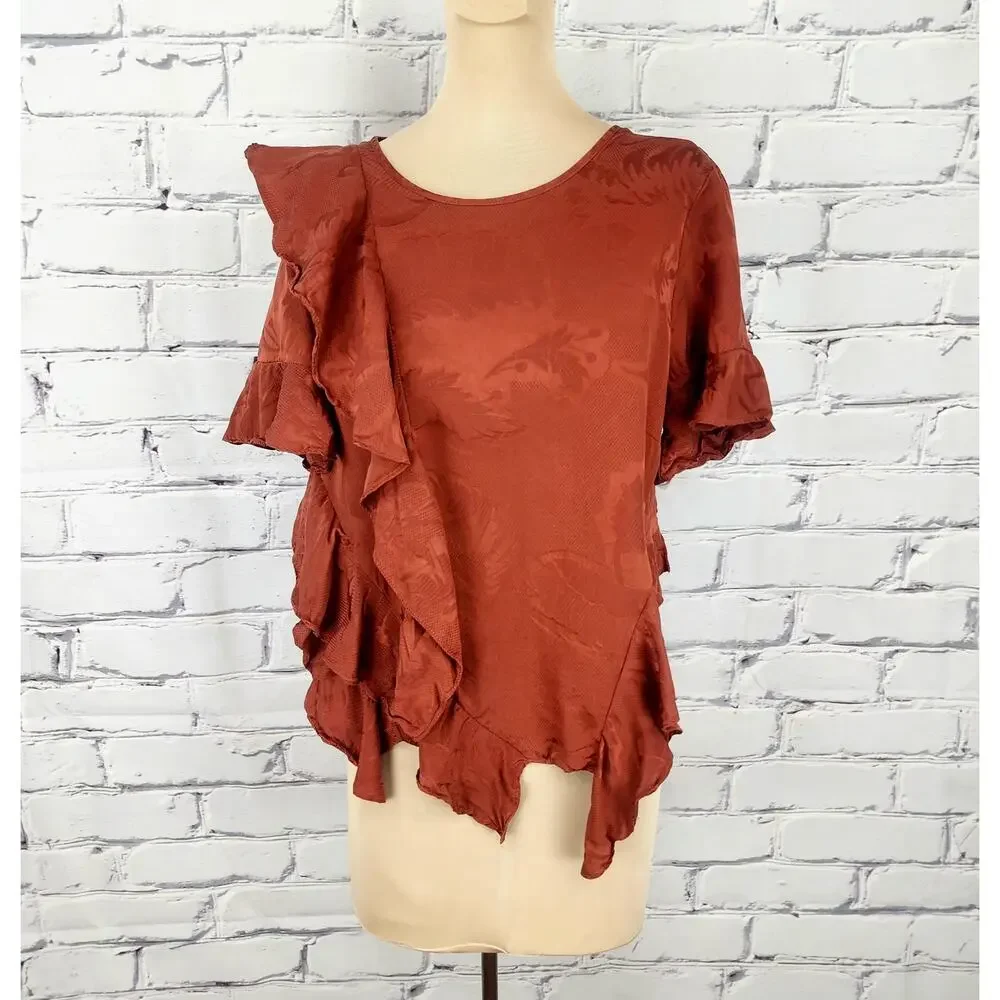 Cinq a Sept 100% Silk Ruffled Embossed Print Top with Button Closure Size Small - Picture 2 of 11